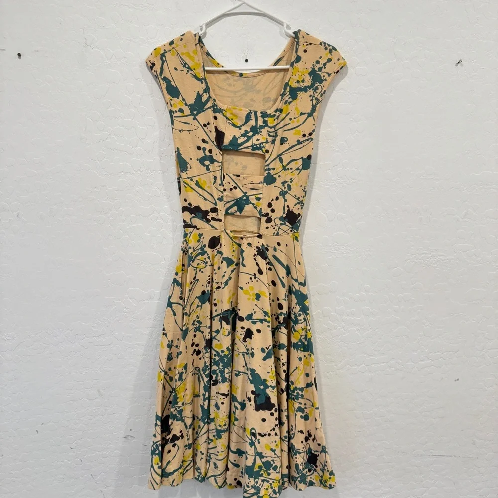 Effie’s Heart Swing Dress Womens XS Paint Splatter Cotton Blend Cap Sleeve Artsy